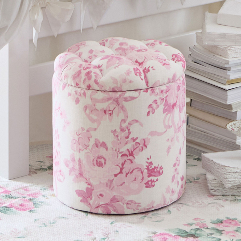 LoveShackFancy Garden Damask Blue Tufted Round Storage Ottoman Pink