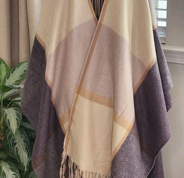 Woolrich Plaid Fringe Shawl Poncho Wrap Cream Pink Gray Plum One Size