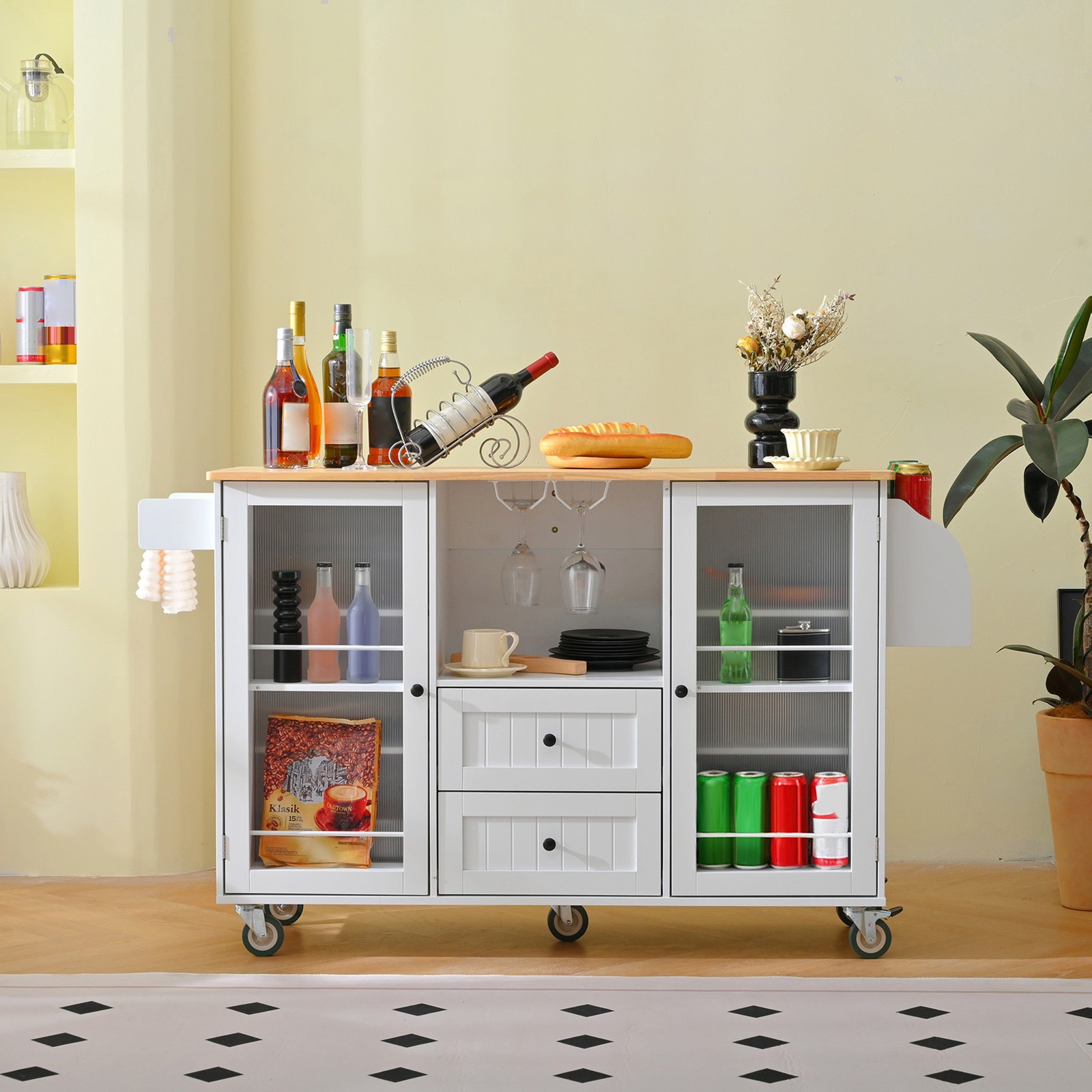 Kitchen Island Cart Rolling On Wheels with 13 Storage Areas Drop Leaf Bar