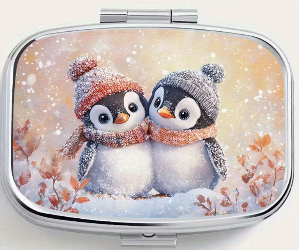 Medicine Pill Box Penguins rectangular 2-compartment for pocket or purse