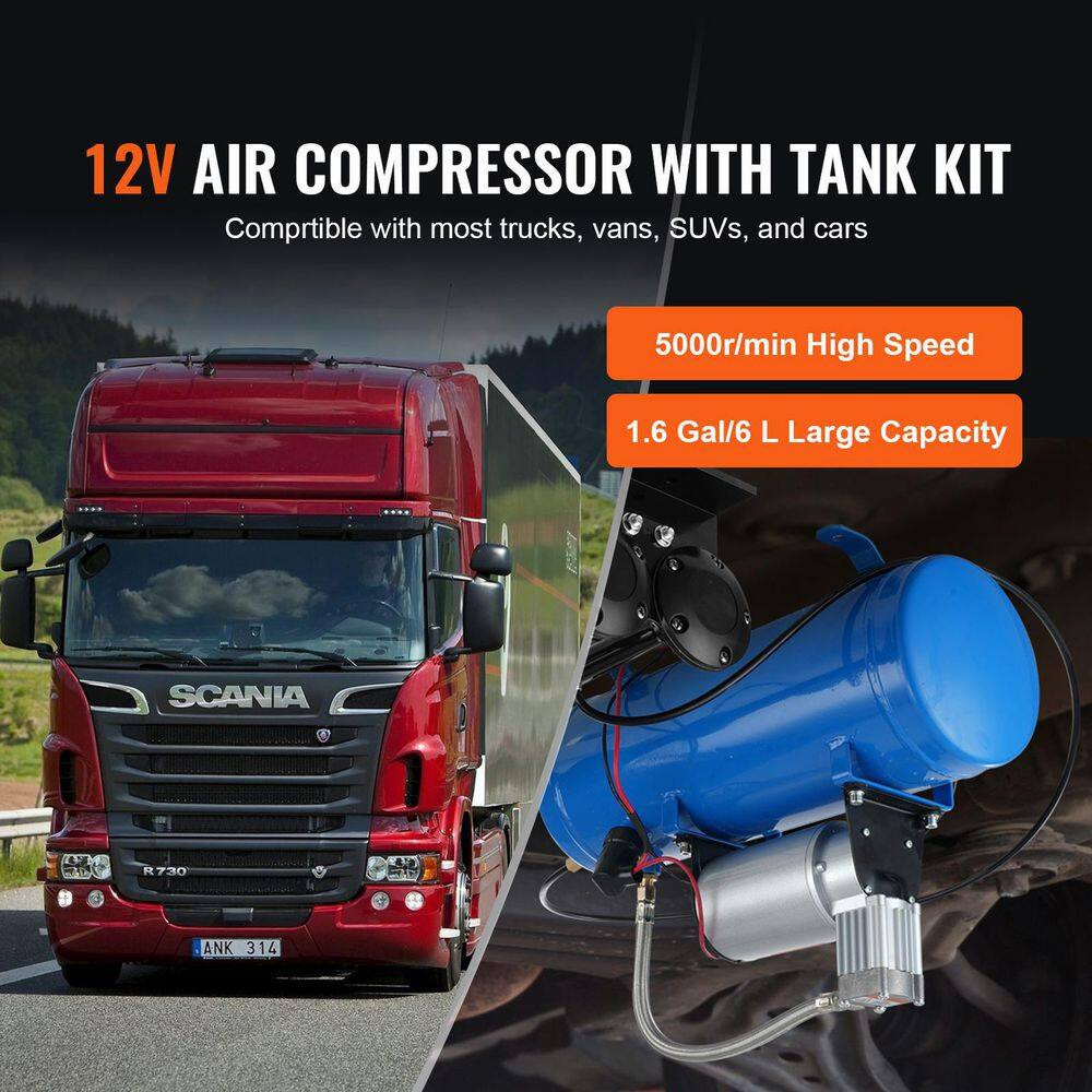 12-Volt Air Compressor with Tank 1.6 Gal., Train Horn Air Compressor, Working Pr