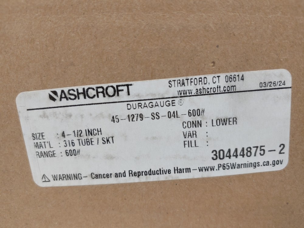Ashcroft 45-1279-SS-04L-600# Pressure Duraguage 0-600PSI, 4.5 Dial 1/2" NPT LM