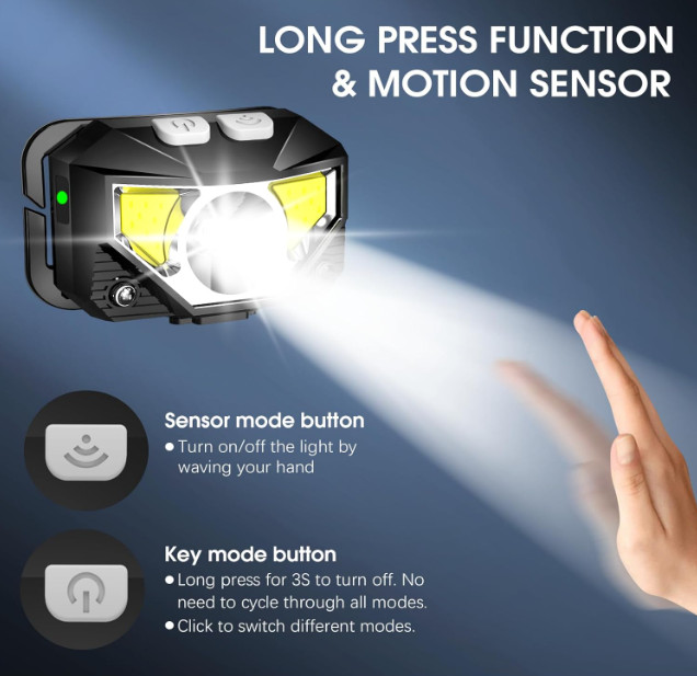 Linterna frontal LED recargable ultraligera, sensor movimiento, 8 modos IPX, 2 p