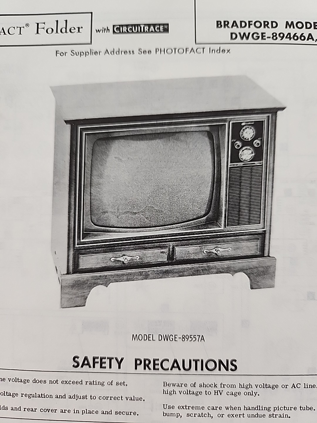 Sams Photofact Repair Service Parts Manual For Bradford Color TV DWGE-55210A +
