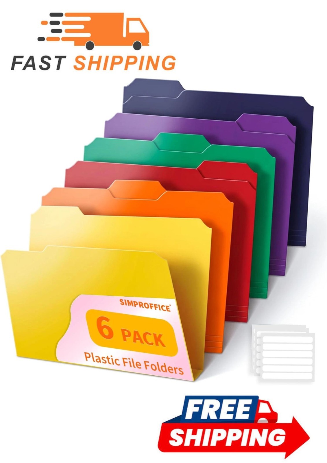 Plastic File Folders with Tabs, 6 Pack Colored Plastic Folders, 1/3 Cut Tabs