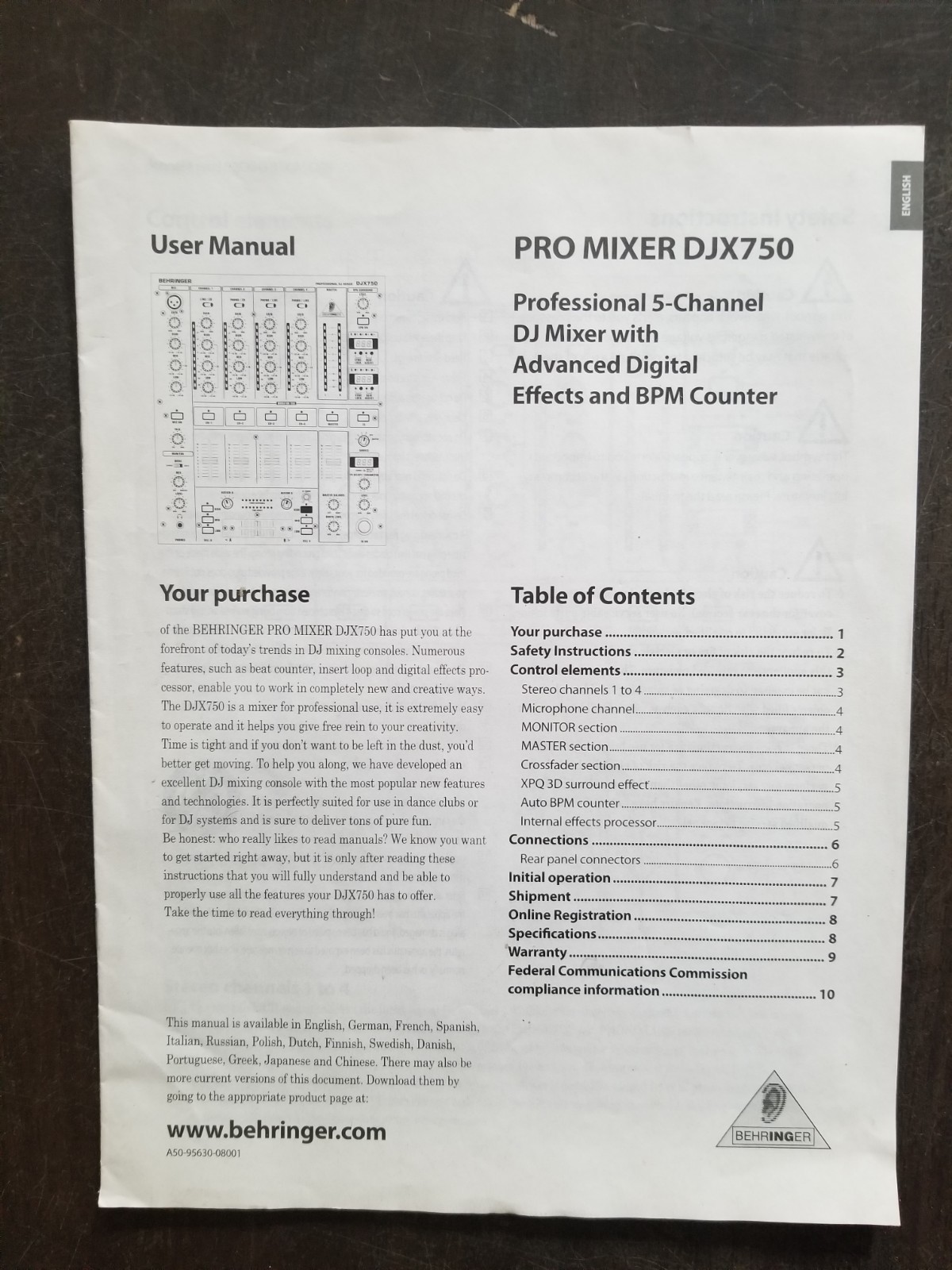 Behringer PRO MIXER DJX750 5-Channel DJ Mixer User Manual (Paper Book Only)