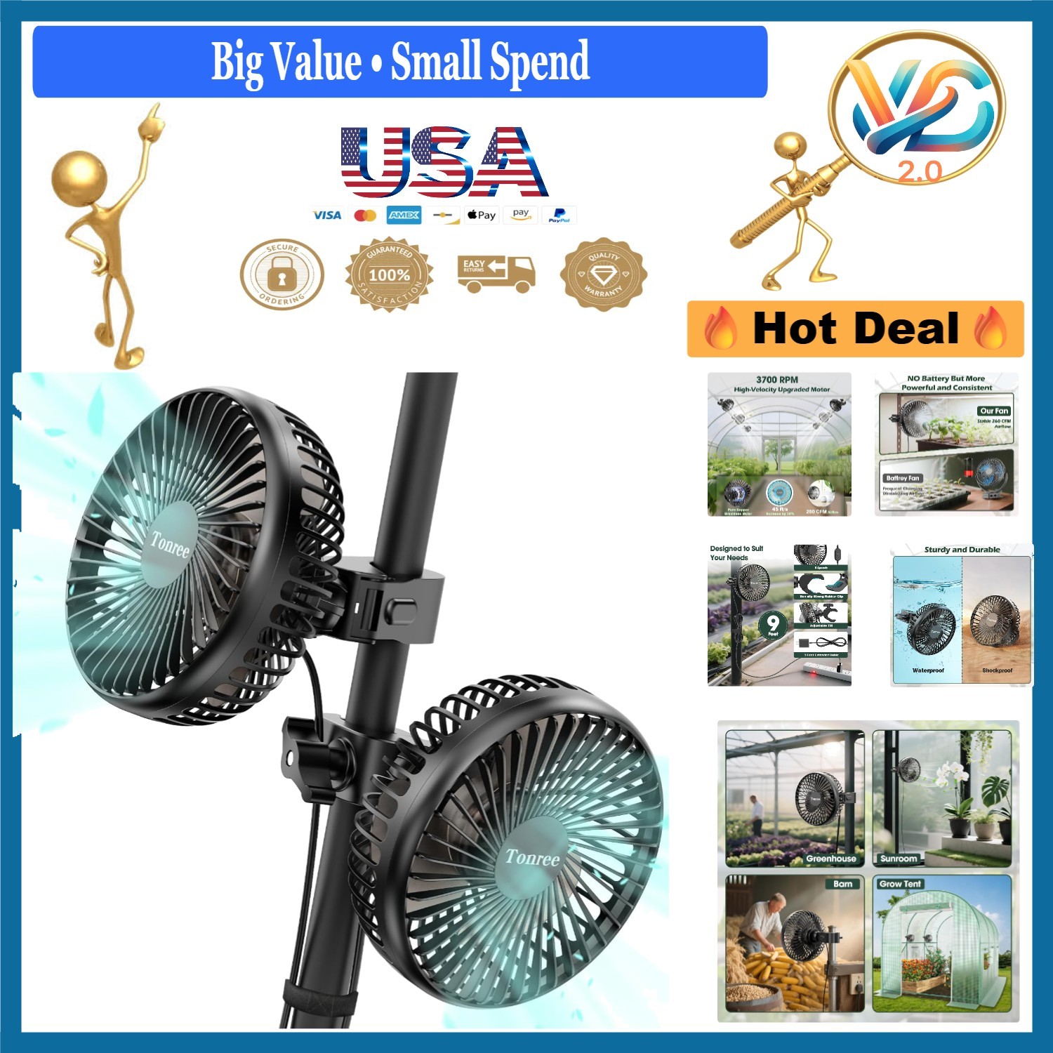 Grow Tent Fan 2 Pack - 5.5" Clip Fans with Brushless Motor, 520 CFM, Quiet