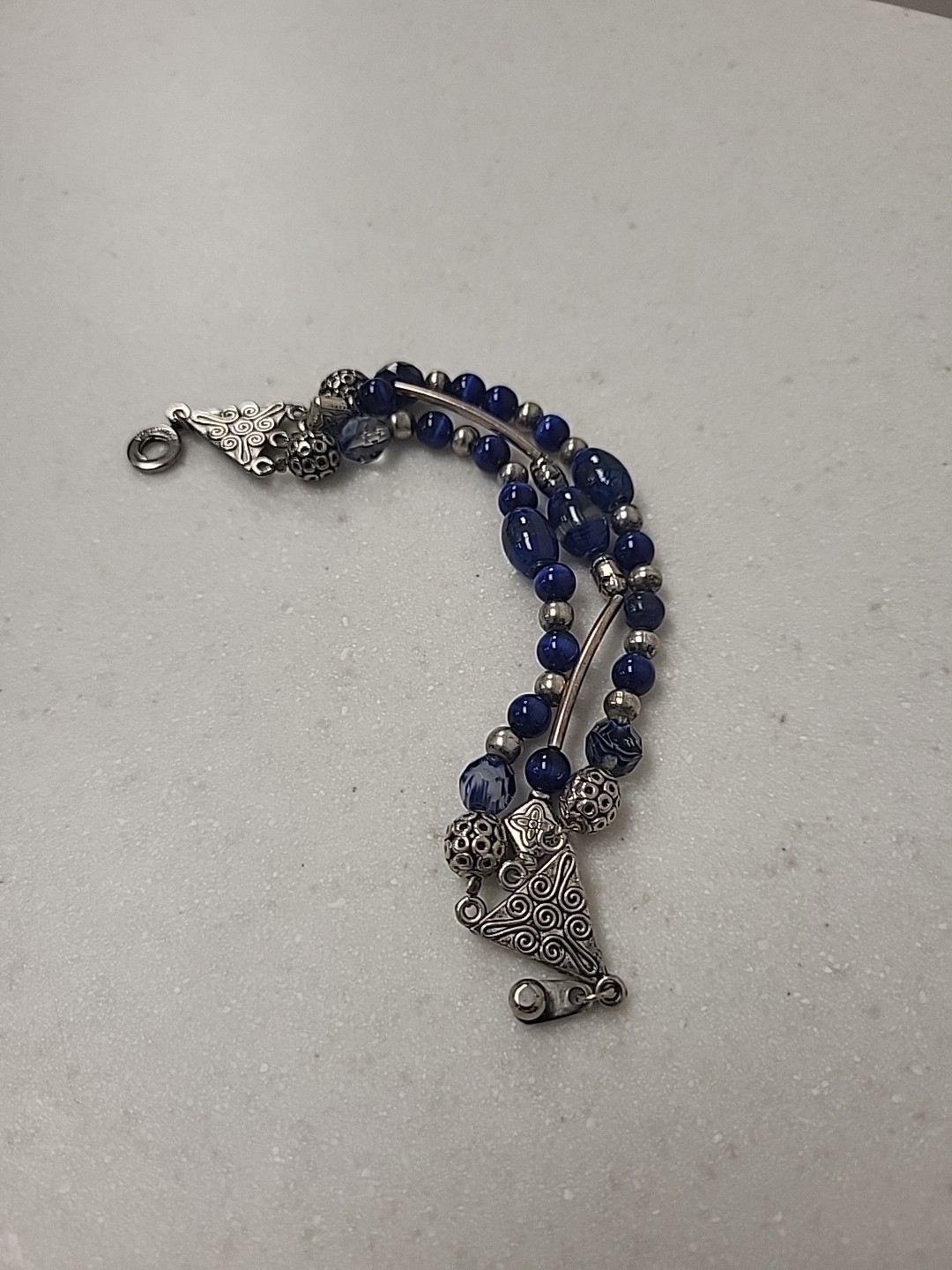 Silvertone Blue Glass Bead Bracelet