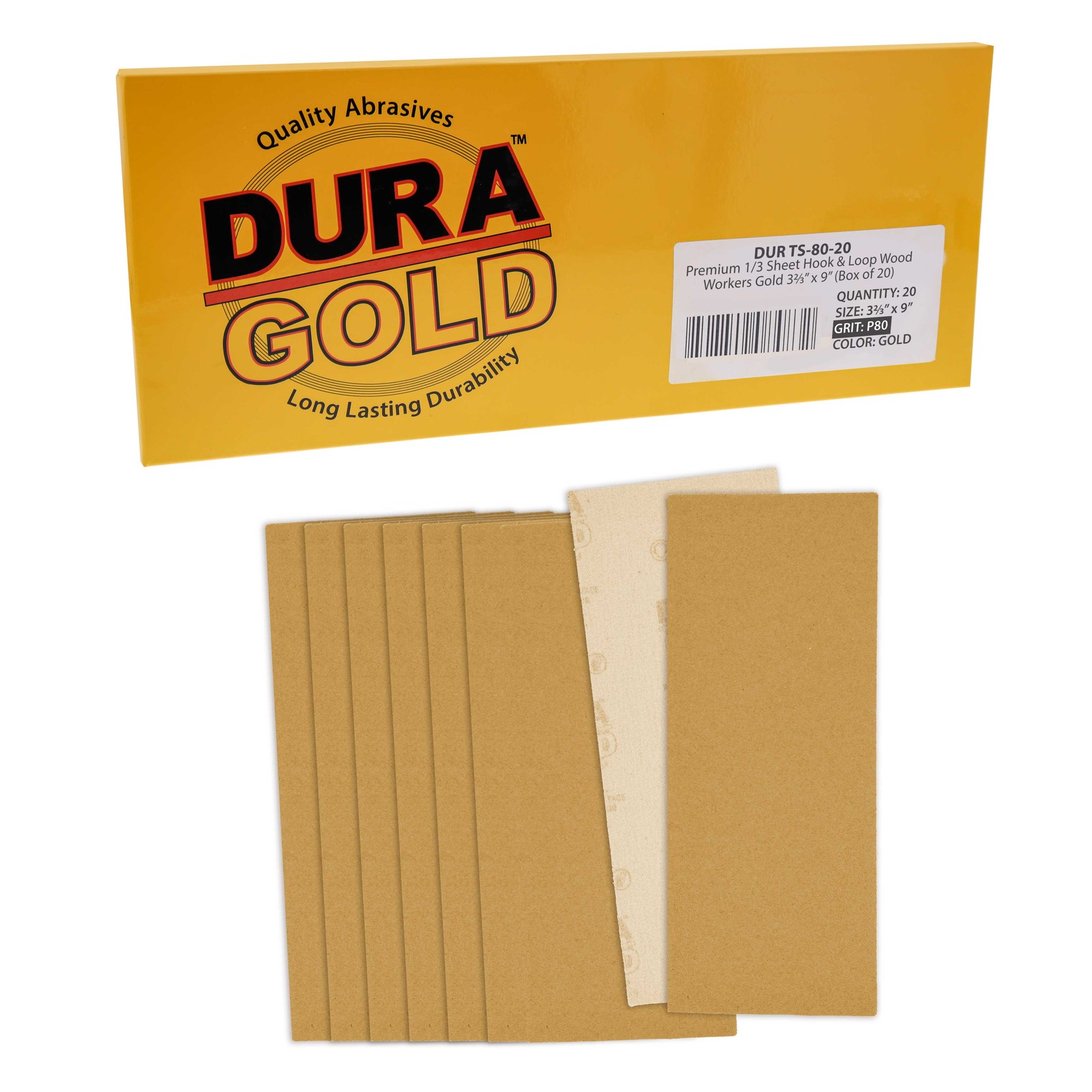 Dura-Gold Sandpaper, 80 Grit, 20 - 1/3 Sheets, 3-2/3" x 9" Hook & Loop Backing