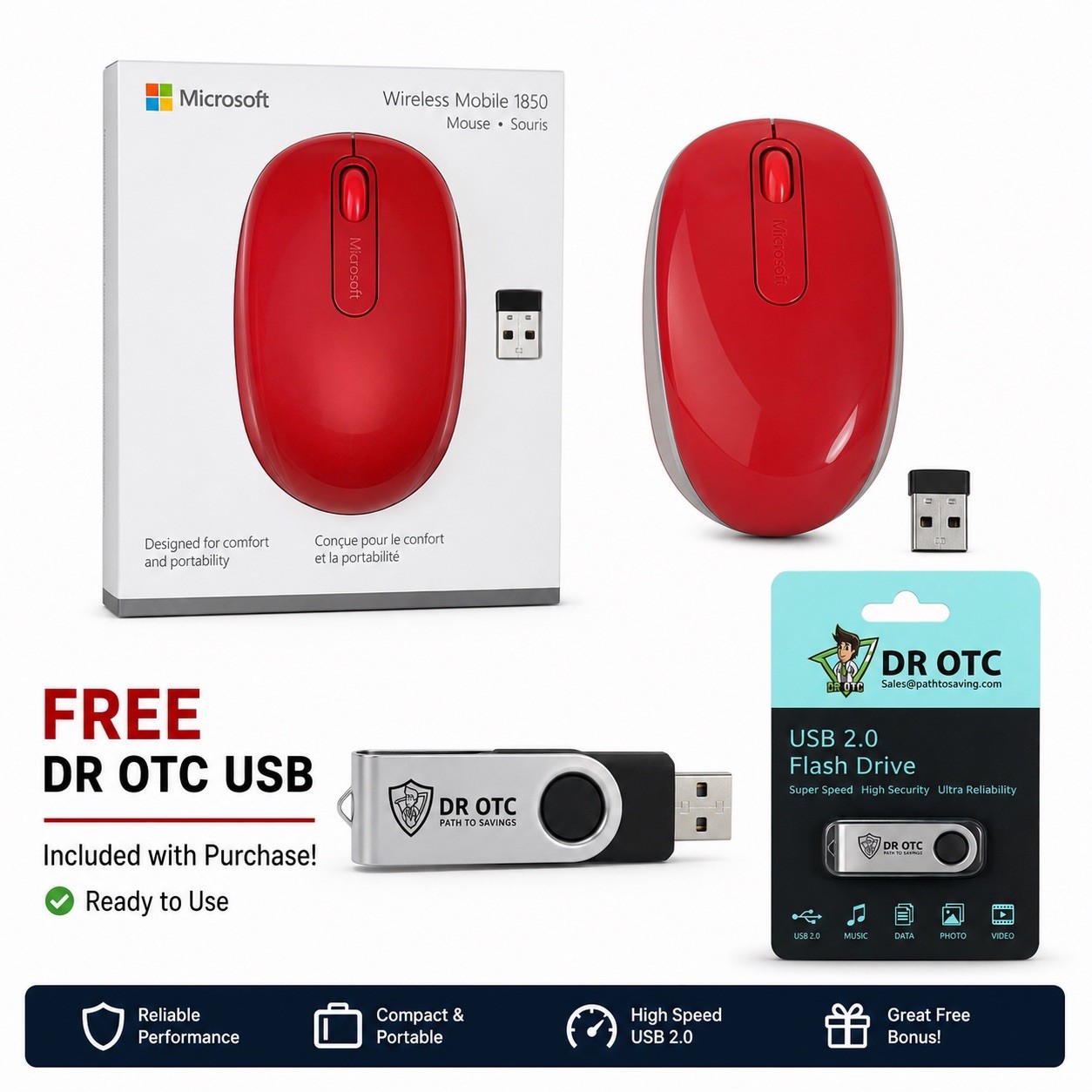 Microsoft Wireless Mobile 1850 Red Wireless Optical Mouse USB Ergonomic B107