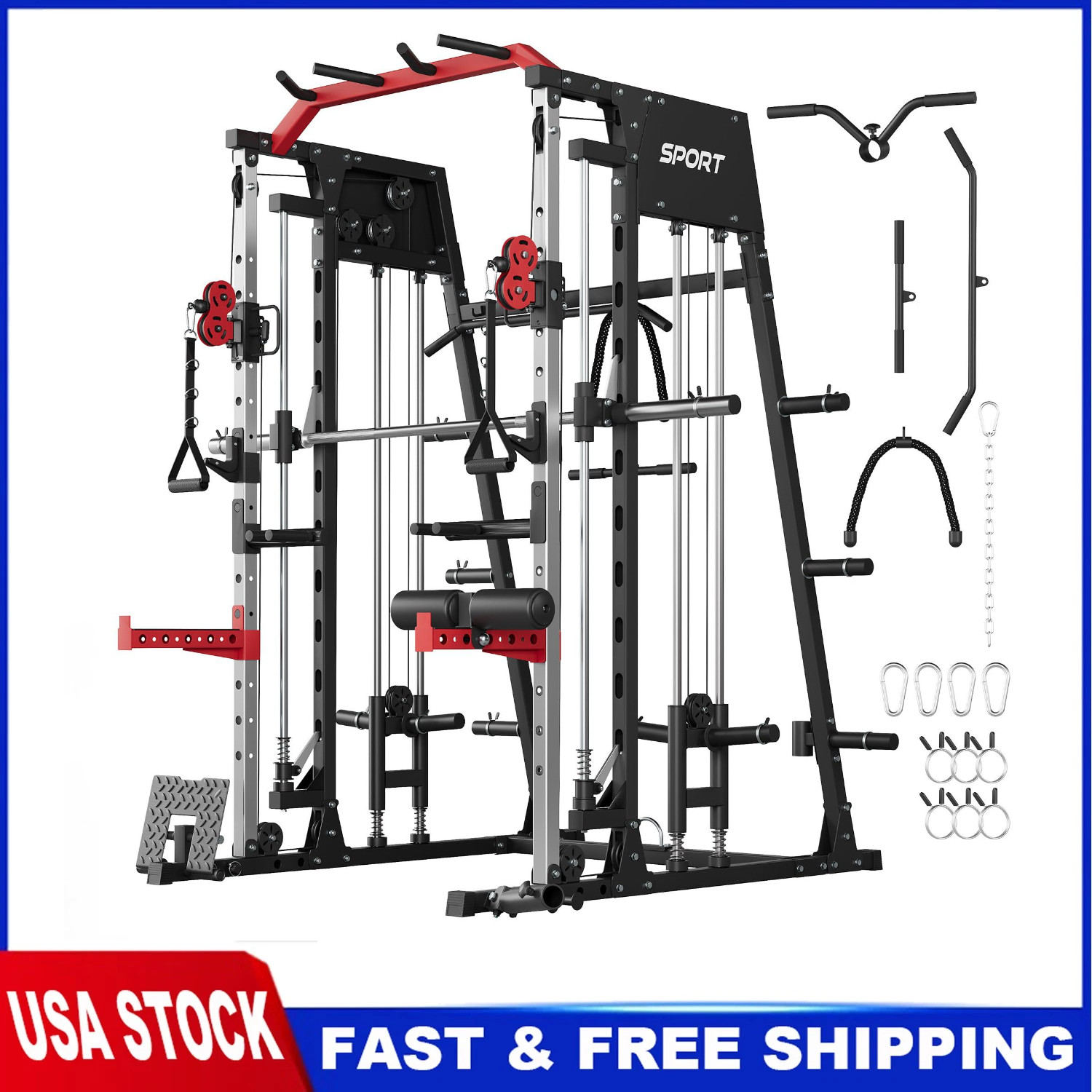 Smith Machine Strength Training Power Cage Lat-Pull Down System 2200lbSquat Rack