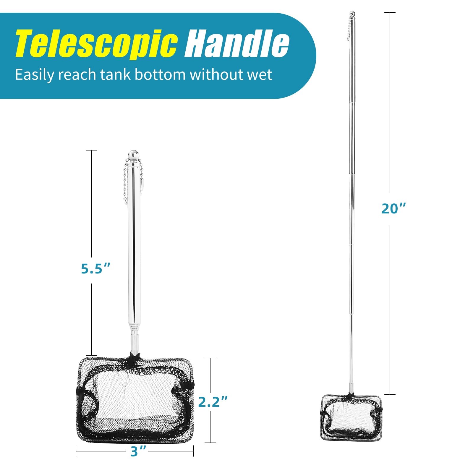 AQUANEAT Aquarium Net with Extendable Long Handle, Adjustable 3 Inch, Black
