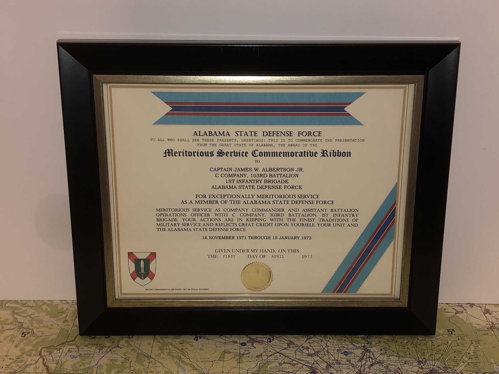 ALABAMA DEFENSE FORCE / MERITORIOUS SERVICE COMMEMORATIVE RIBBON CERTIFICATE