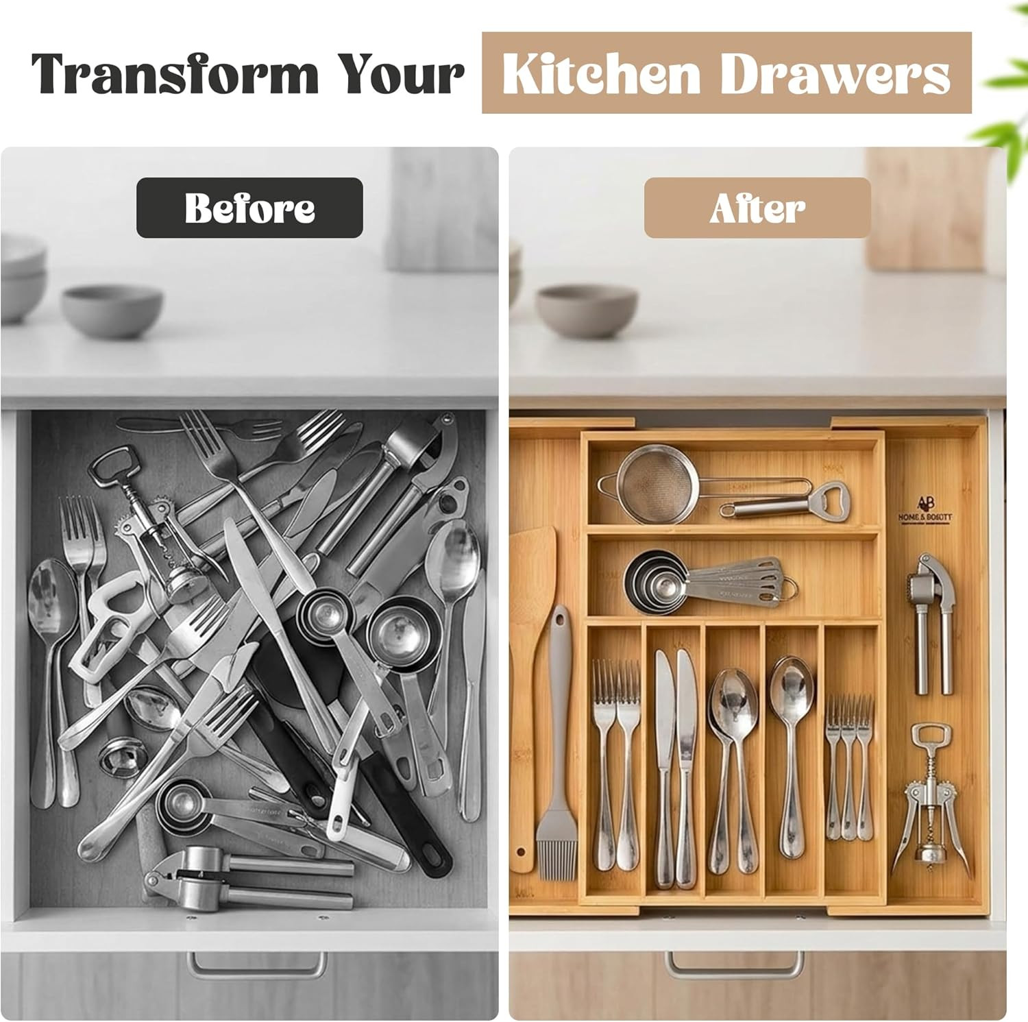 Expandable Bamboo Drawer Organizer for Kitchen Utensils - Adjustable Silverware
