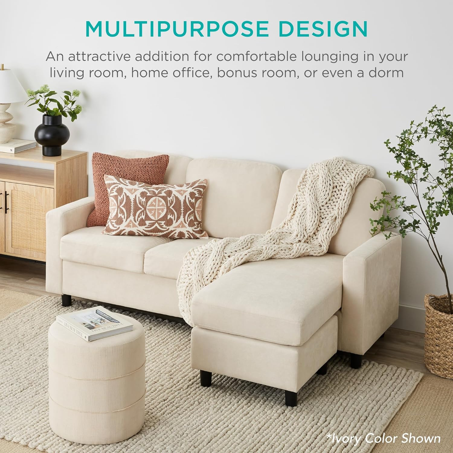 Upholstered Sectional Sofa with Chaise Lounge 3 Seat L Shape Reversible Ottoman