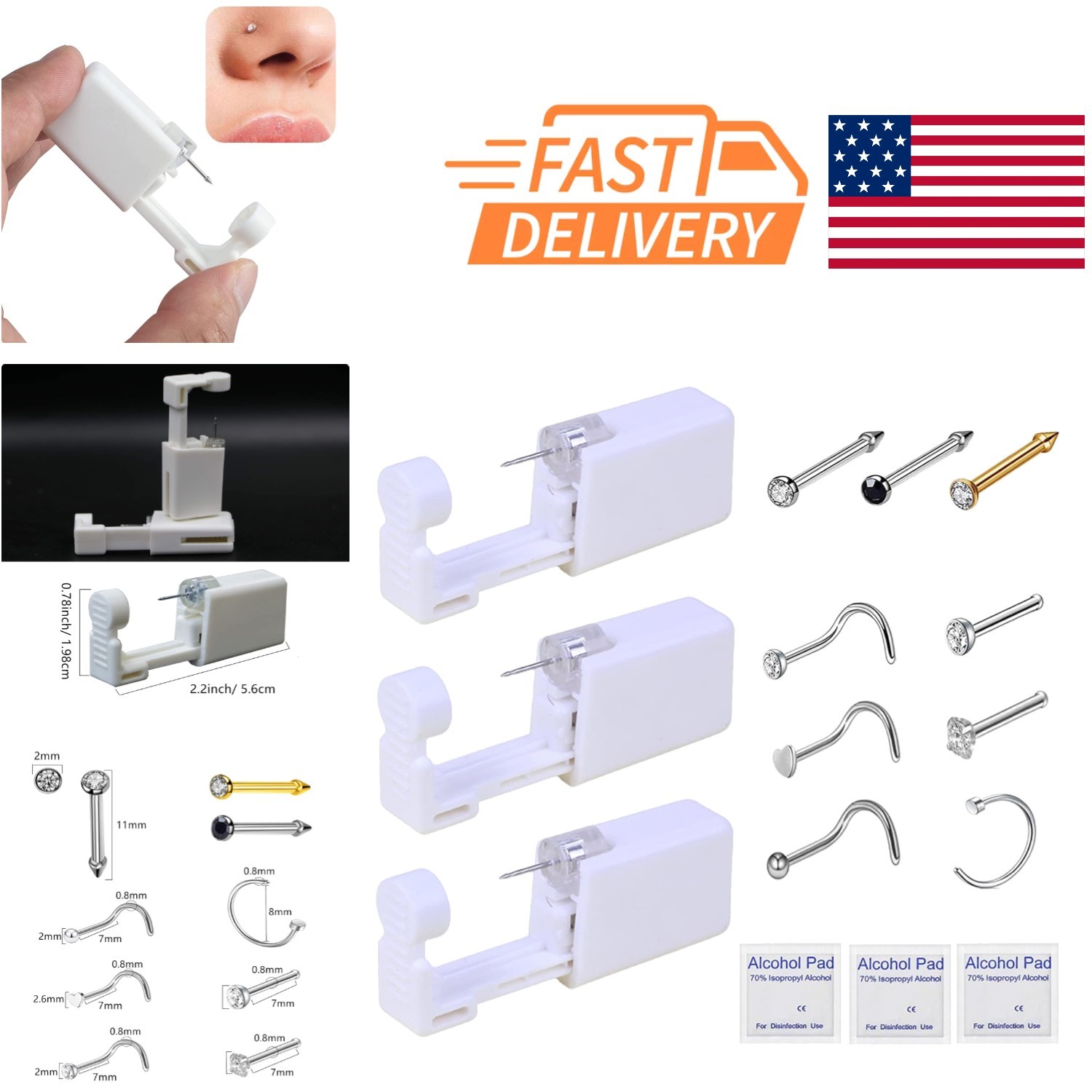 Nose Piercing Kit 3 Pack Disposable Gun with 6 Nose Rings and 3 Cleaning Pads