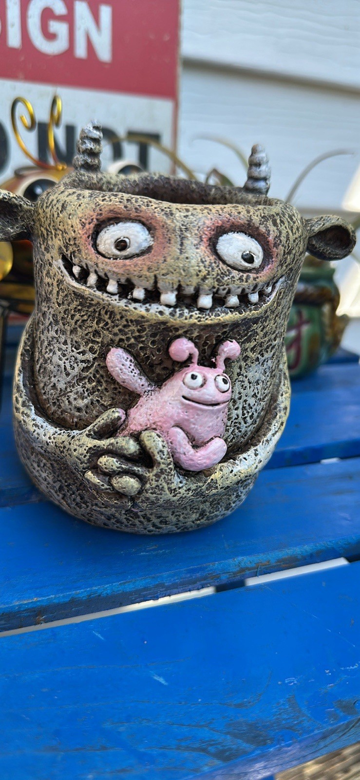 Ceramic Monster Planter, Pink & Gray, Small, Contemporary Novelty Animal Decor