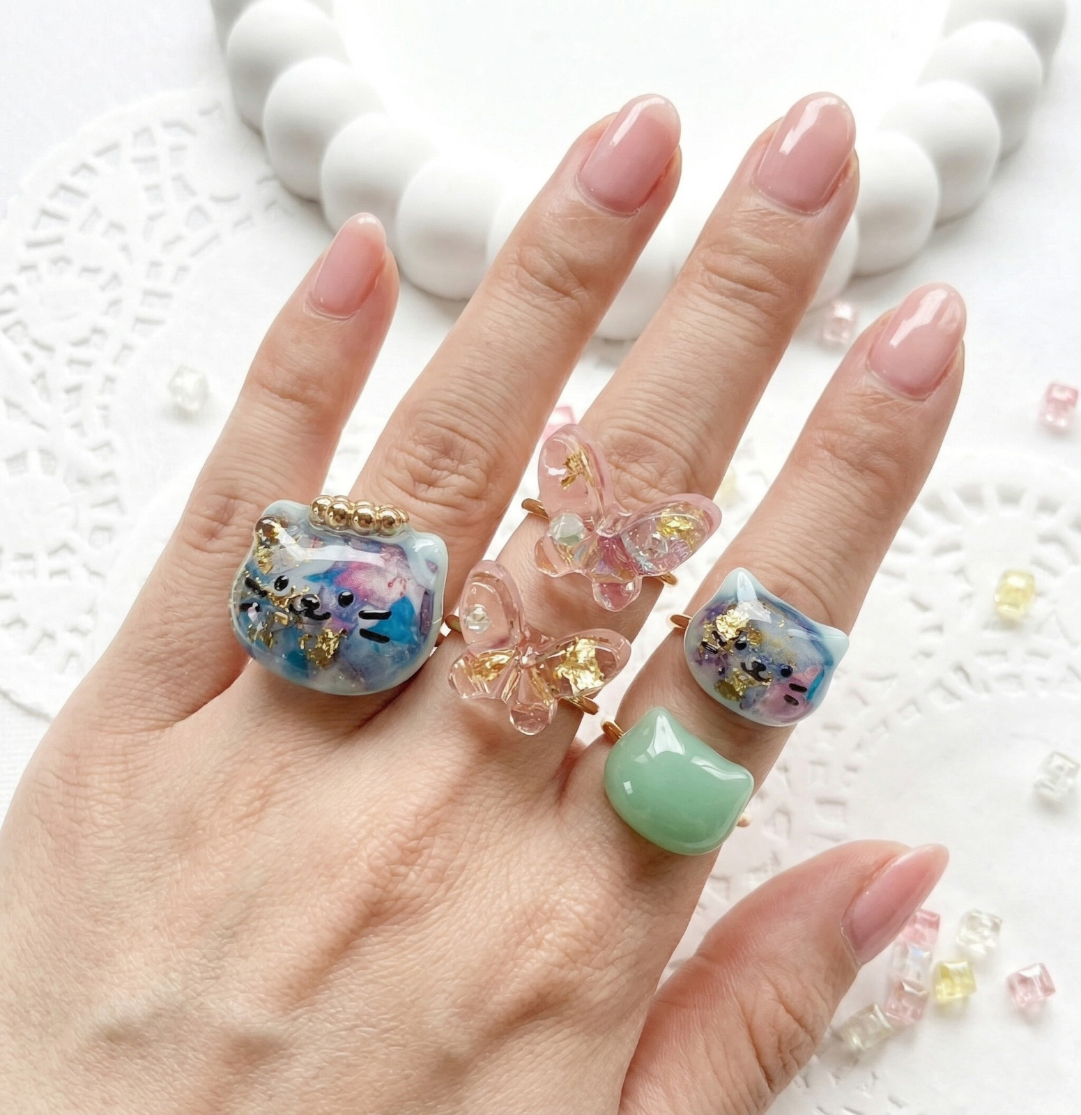 Y2K Cute Cat Flower Resin Ring Set of 5 Kawaii Adjustable Stackable Gift Japan