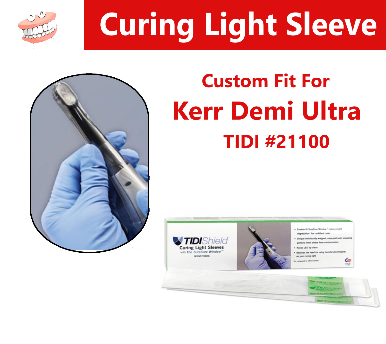 Dental Tidishield Curing Light Sheath Cover For Kerr Demi Ultra  100/Box, #21100