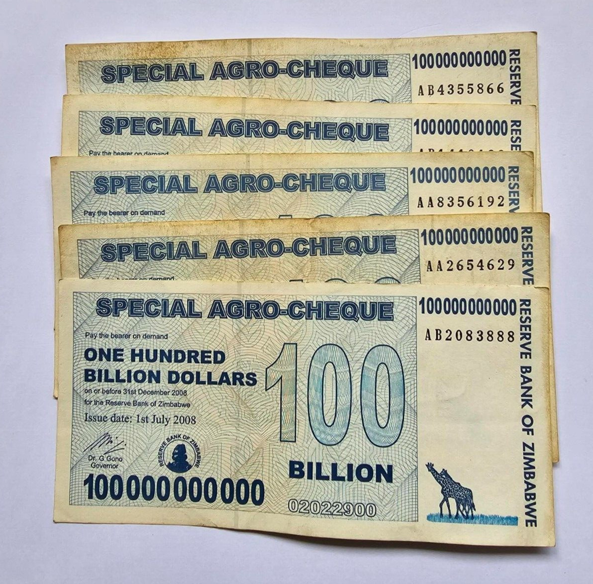 Zimbabwe 5x 100 Billion Dollars 2008 USED