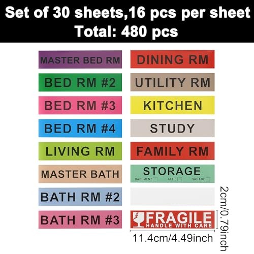 Home Moving Labels for Boxes, 480pcs 4.5"x1" 30 Sheets Removable Strong