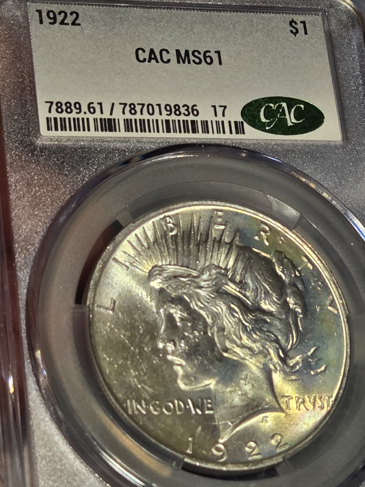 1922-P Peace Silver Dollar CAC Grading CACG MS61 *Gentle Rainbow Toning*
