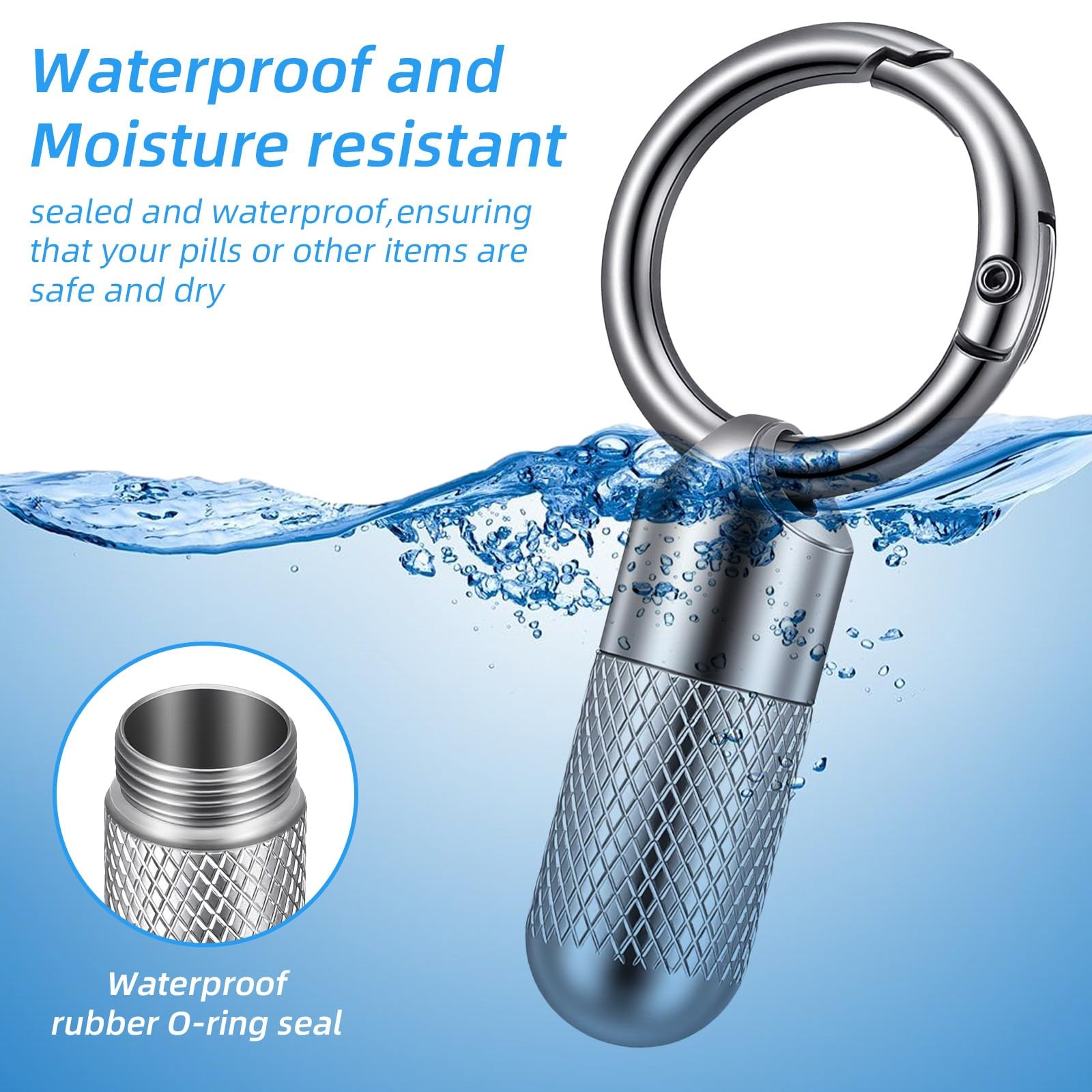 Small Pill Case Keychain Micro Holder Mini Silver and Black