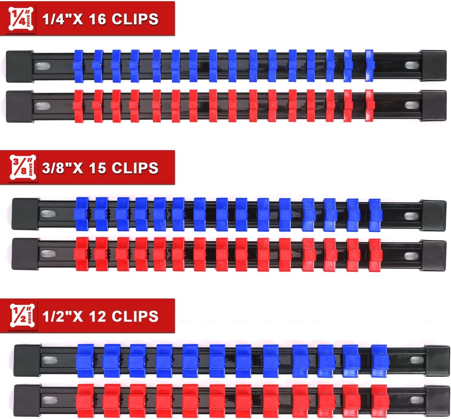 Versatile 6PC Socket Organizer with Removable Clips - Blue & Red Design