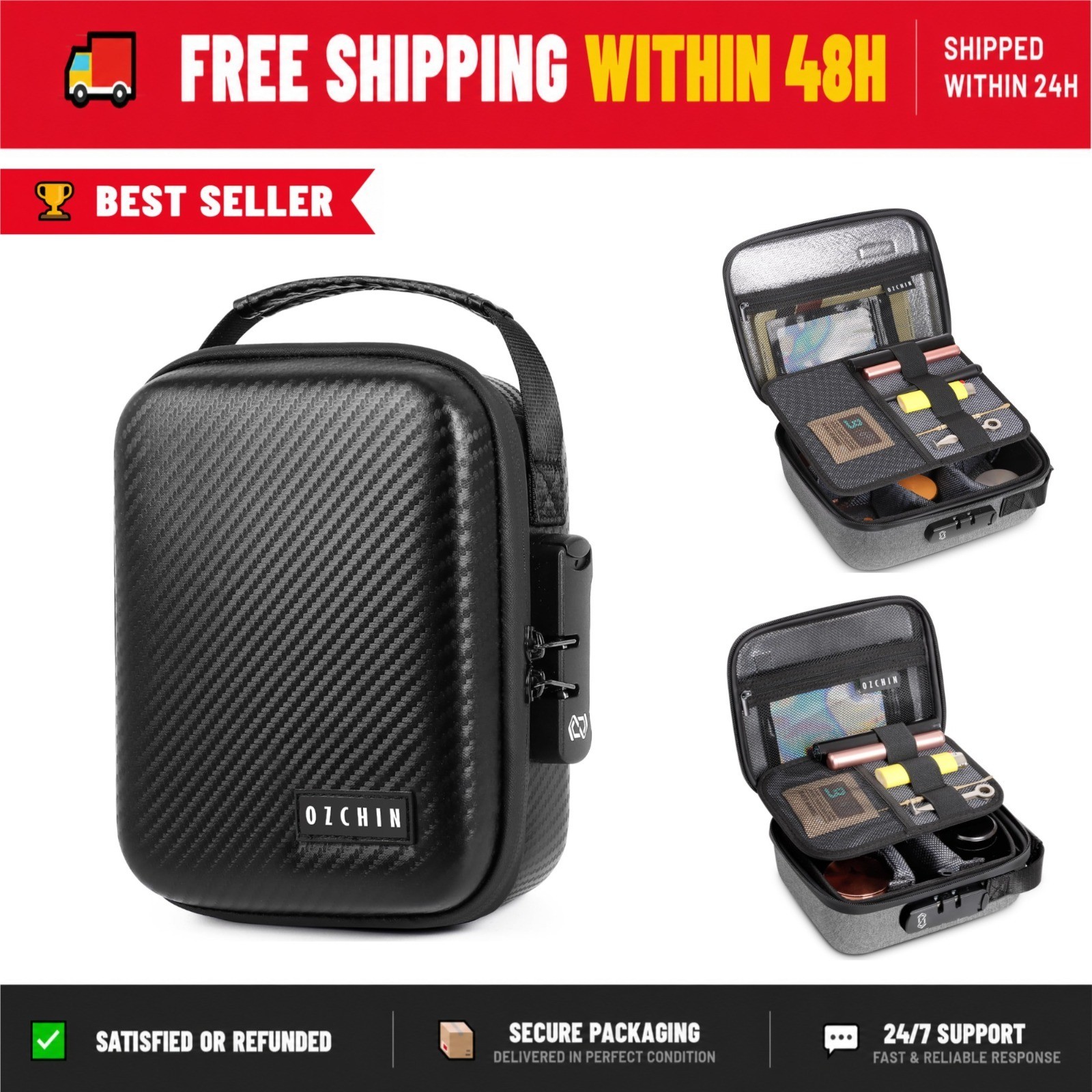 OZCHIN Smell Proof Bag with Lock Hard Shell Travel Case - Black