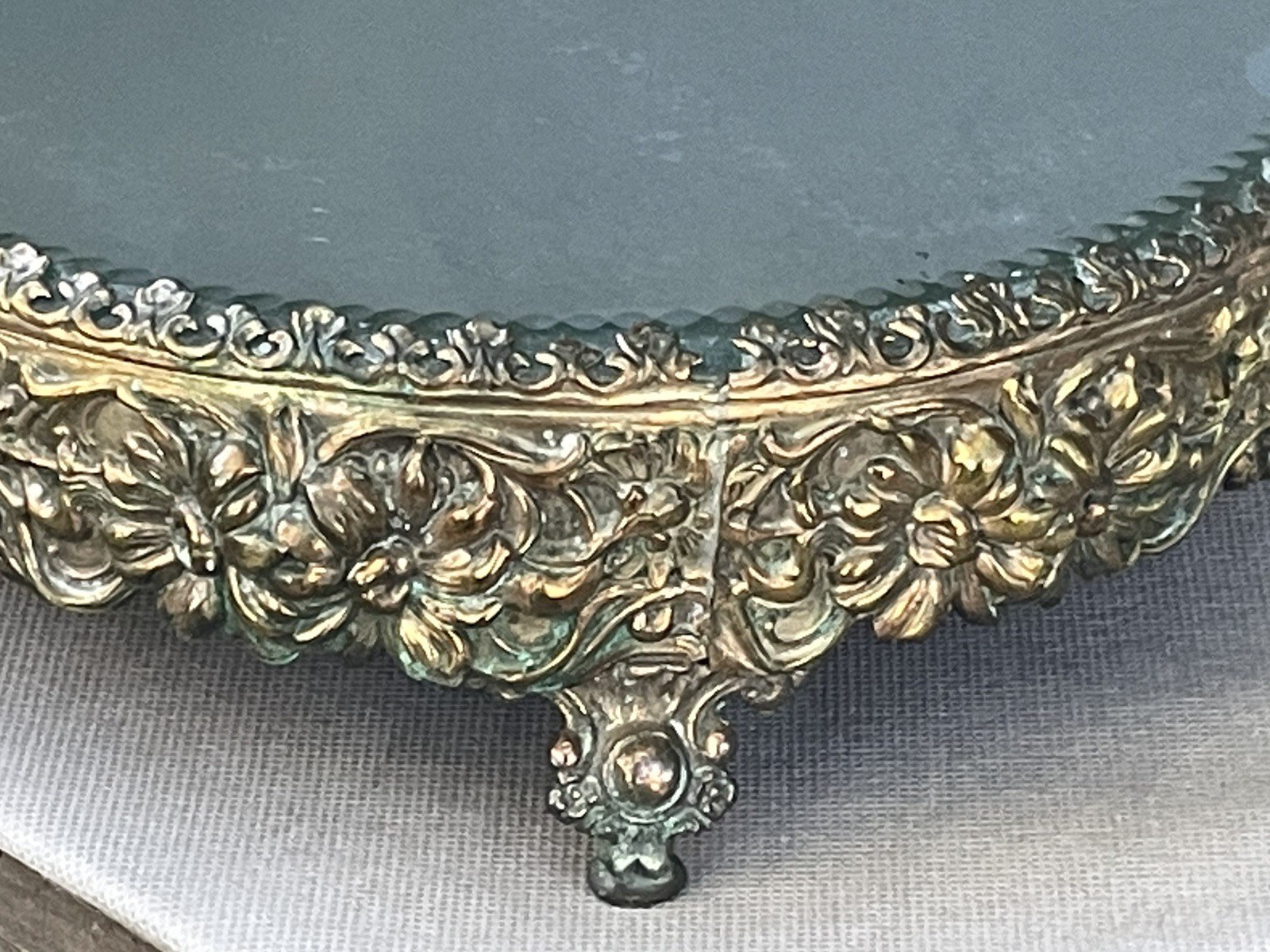 Antique Victorian Dresser Vanity Tray Mirror Brass Flowers Chunky Ornate Footed