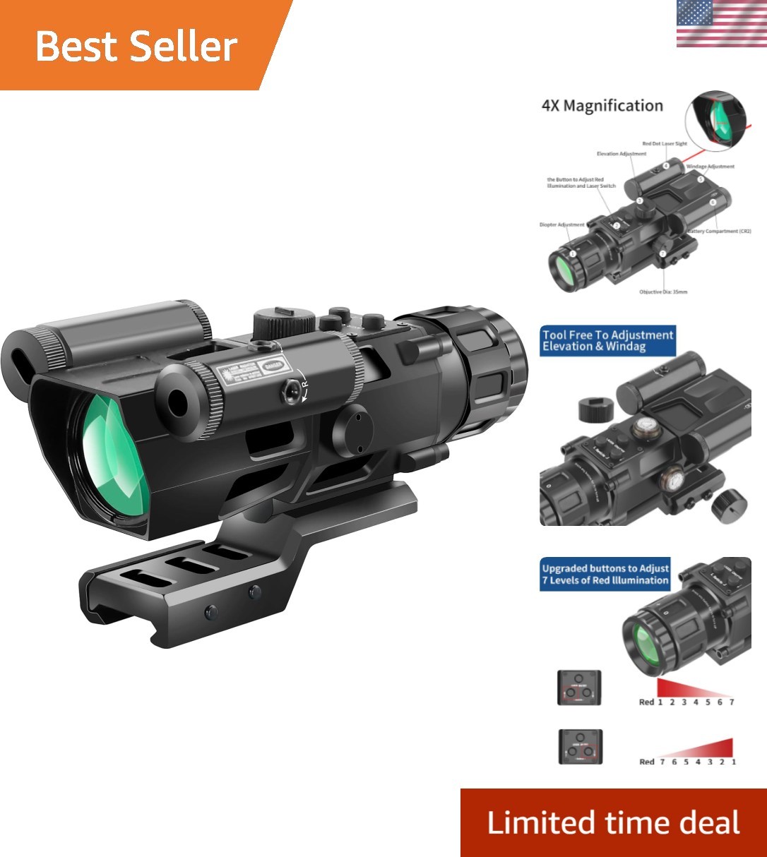4x32 Tactical Rifle Scope with Red Illuminated Reticle & Glass Etched Precision