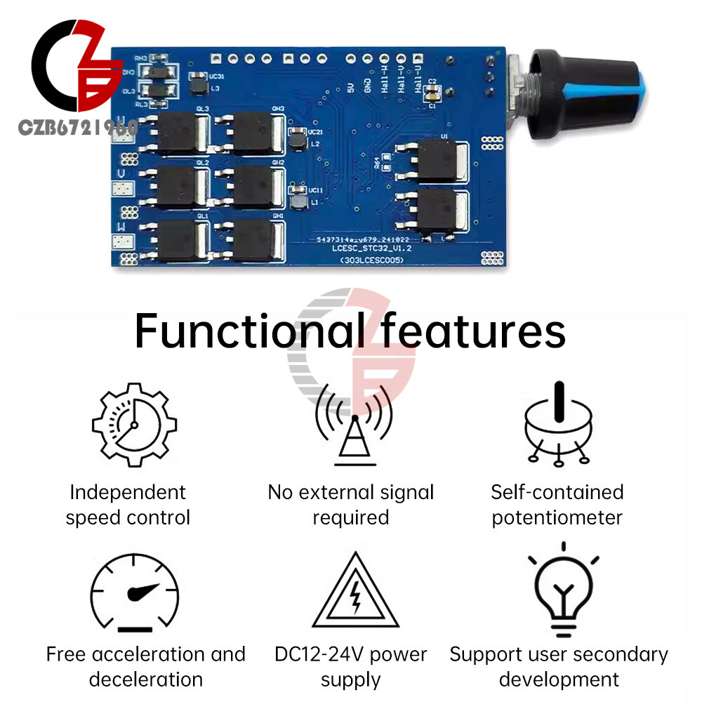 3-Phase Brushless Motor ESC Speed Controller Module W/ Hall DC12-24V 10A STC32G