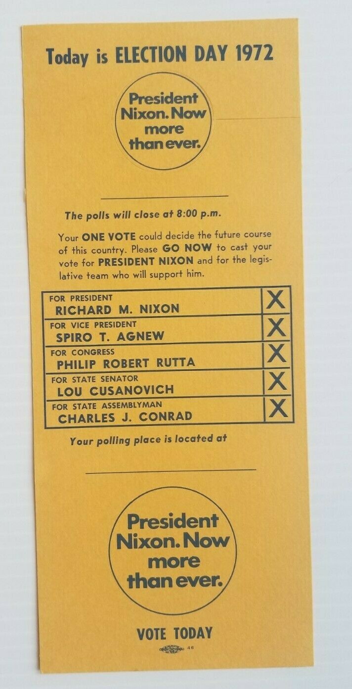 Richard M. Nixon for President 1972 LA CA door hanger campaign political