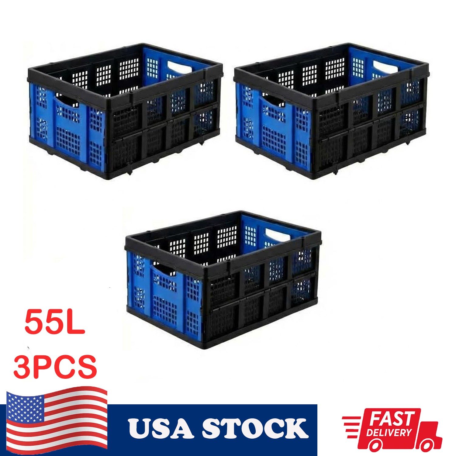 3pcs Collapsible Milk Crates 55LBS Folding Stackable Plastic Storage Bins