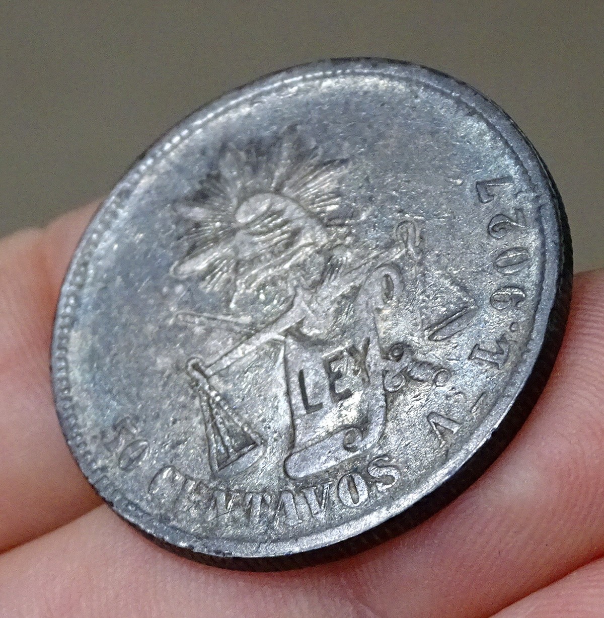1879 MEXICO Eagle & Cap MEXICAN SILVER 50 Centavos Coin / ALAMOS MINT As L