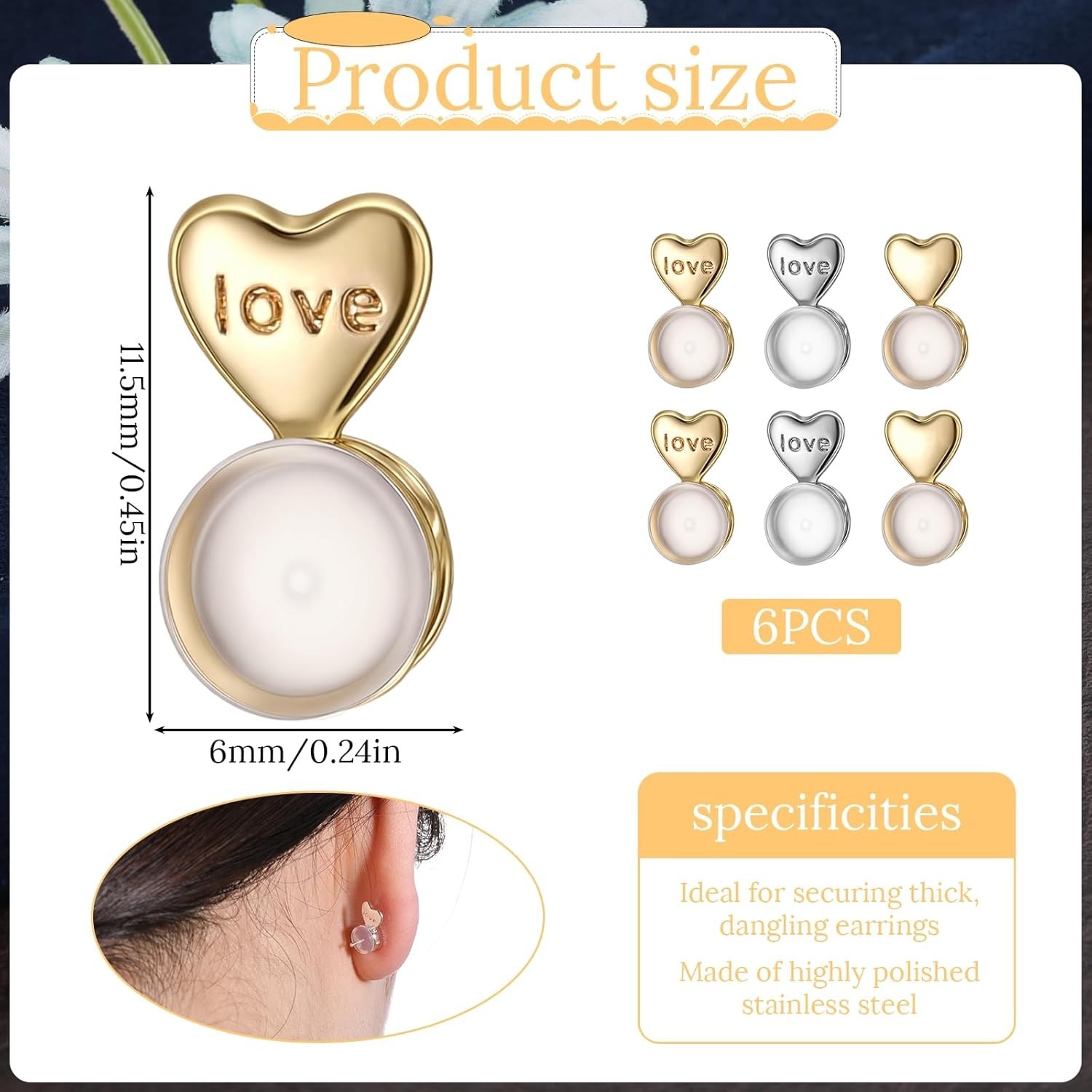 6PCS Silicone Heart Earring Lifter Backs for Droopy Ears Heavy Stud Support