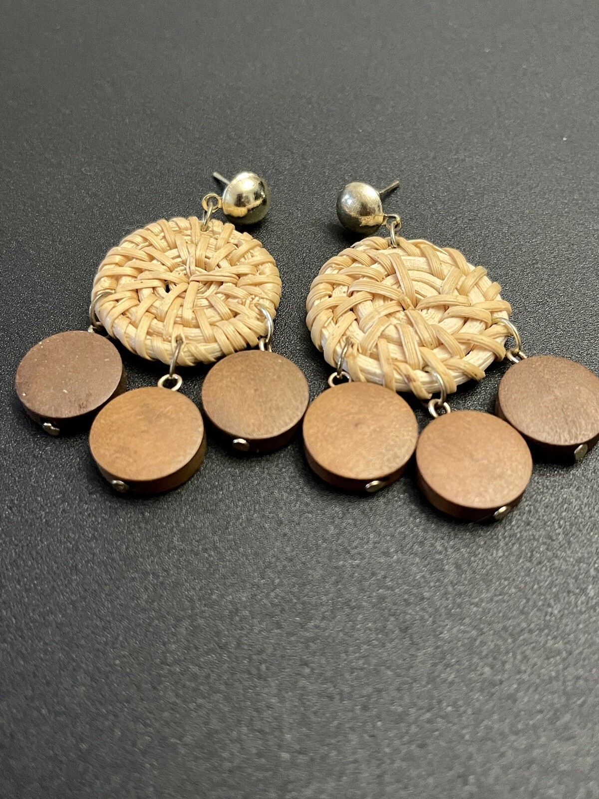 Retro Rattan Wicker Wood Dangle Pierced Earrings Boho