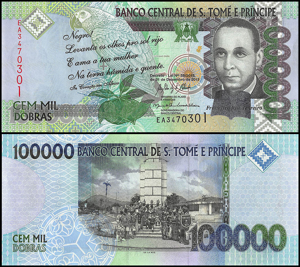 SAO TOME E PRINCIPE 100,000 DOBRAS 2013 UNC PORTRAIT OF POET FRANCISCO JOSE TENR
