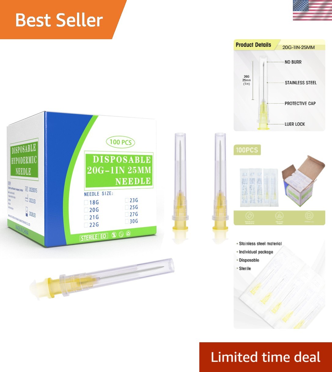 Versatile Disposable 20Ga 1-Inch Needles, 100 Individually Wrapped Sterile Units