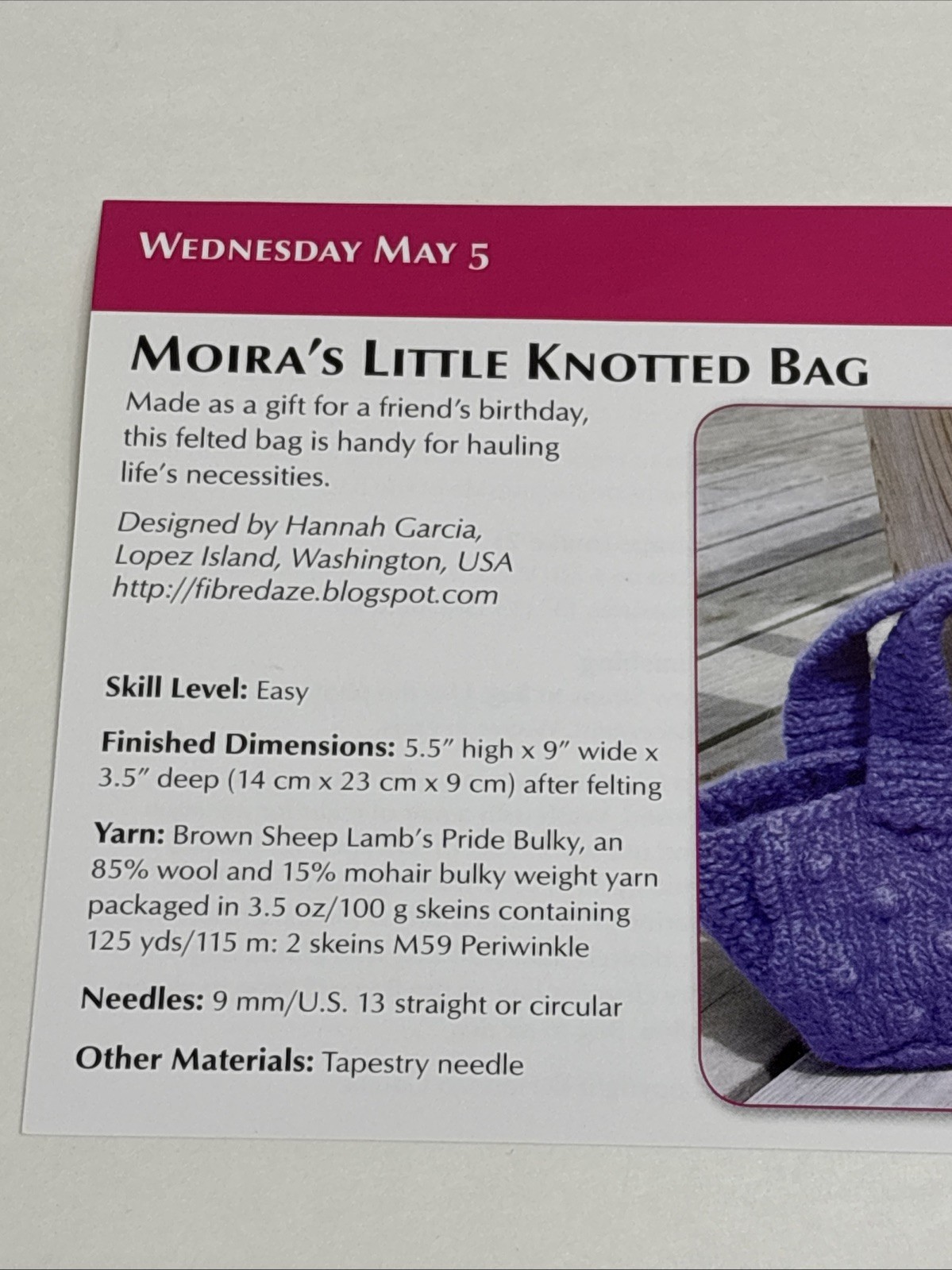 Moira's Little Knotted Bag Knitting Pattern Card Page