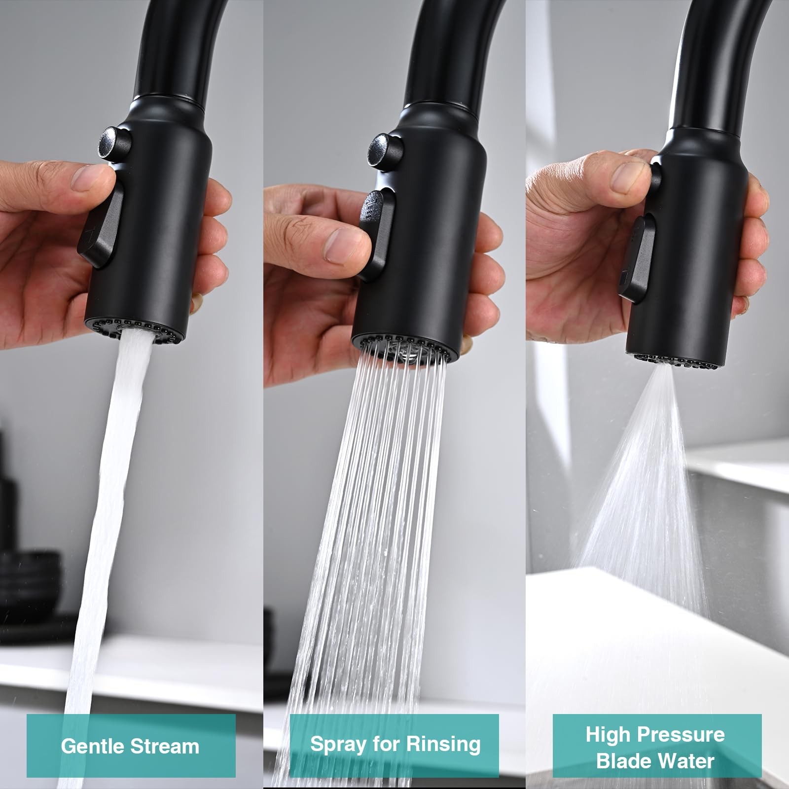 Stainless Steel Kitchen Faucet Head Replacement, Matte Black 3-Function Pull ...