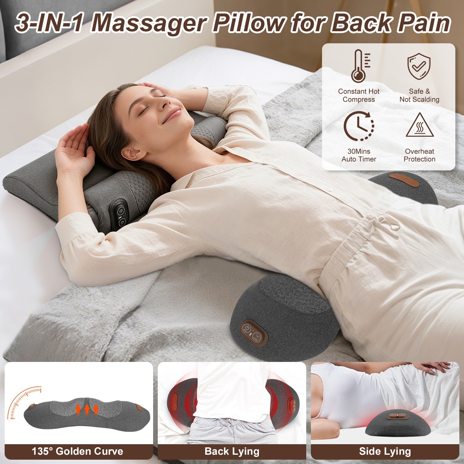 3 In 1 Electric Lumbar Massager Support Pillow Memory Foam Lower Back Massager