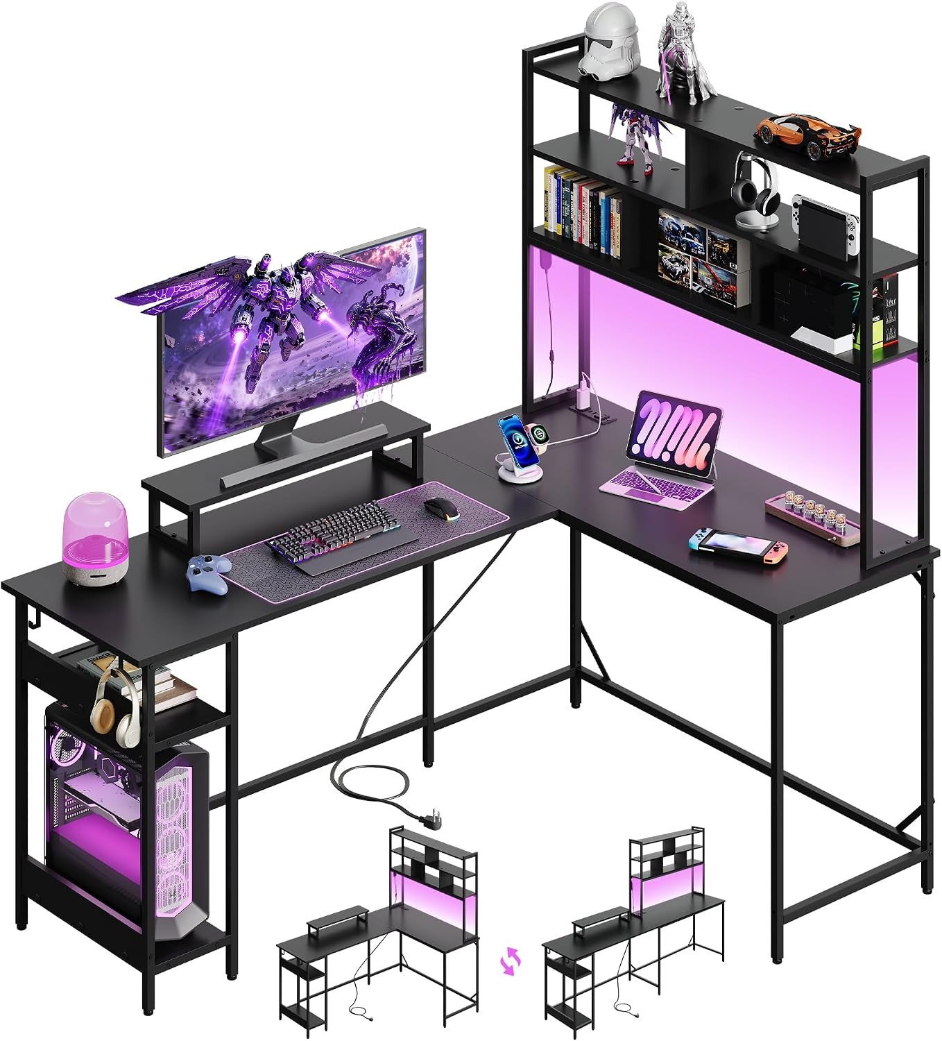 66 Inch L Shaped Gaming Desk with Drawers and Storage, Corner Desk with LED