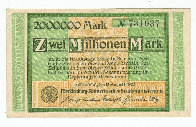 GERMANY BANKNOTE 2 MILLION MARK SCHWERIN 1923