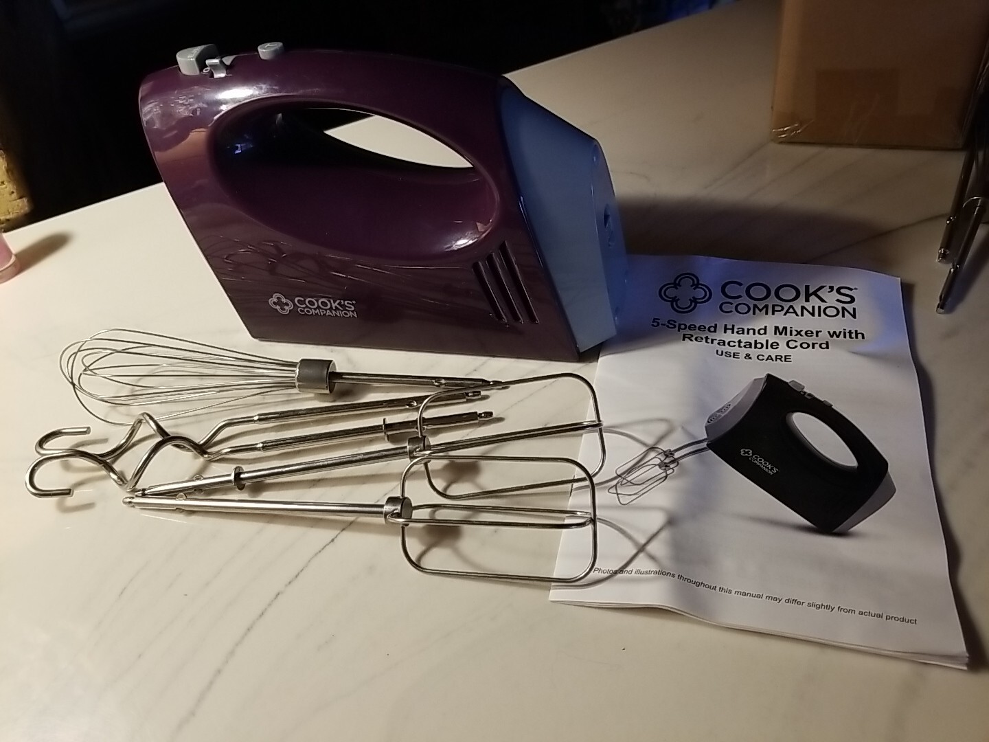 New Cook's Companion 5 Speed 120 V Hand Mixer Plum Retractable Cord!