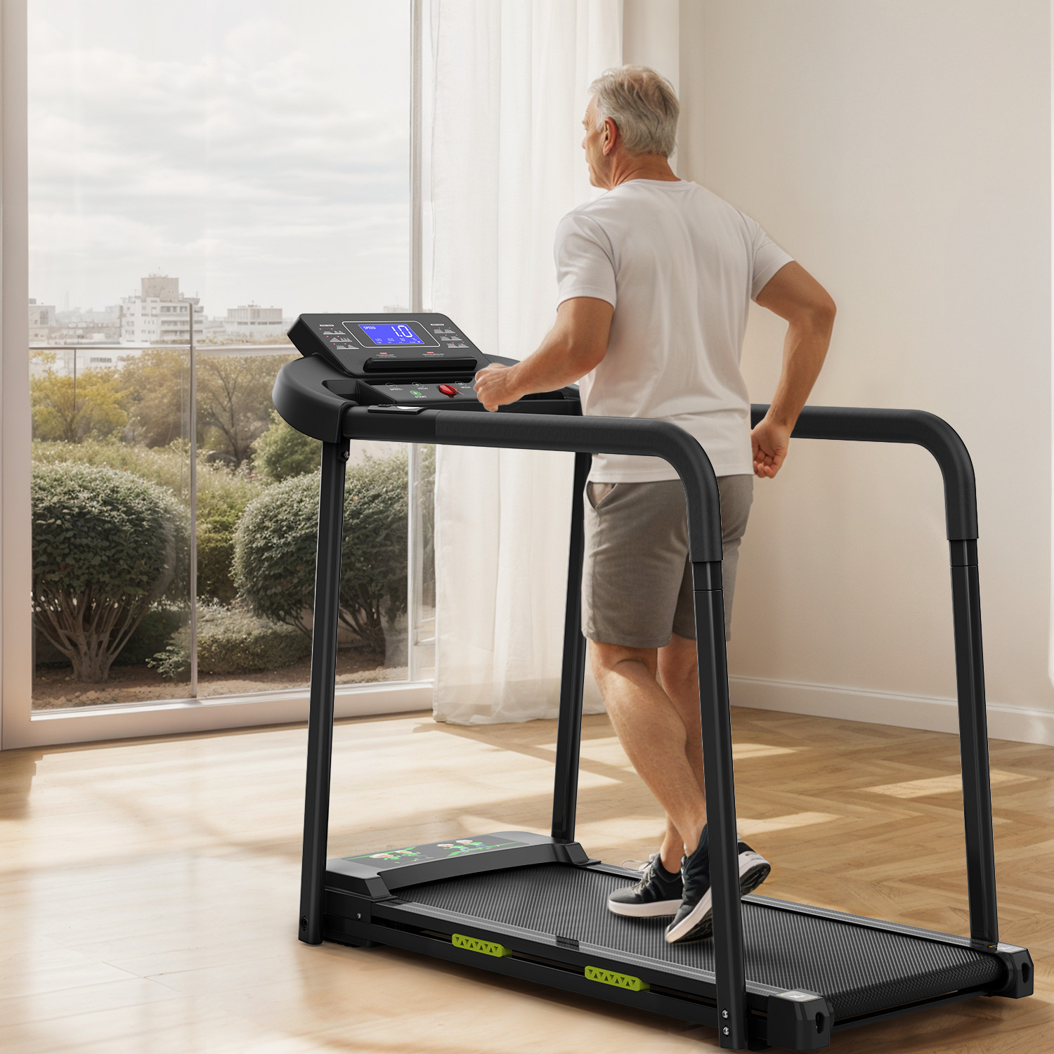 Foldable Walking Pad Treadmill for Senior with Extended Handrails & Deck 300 LBS