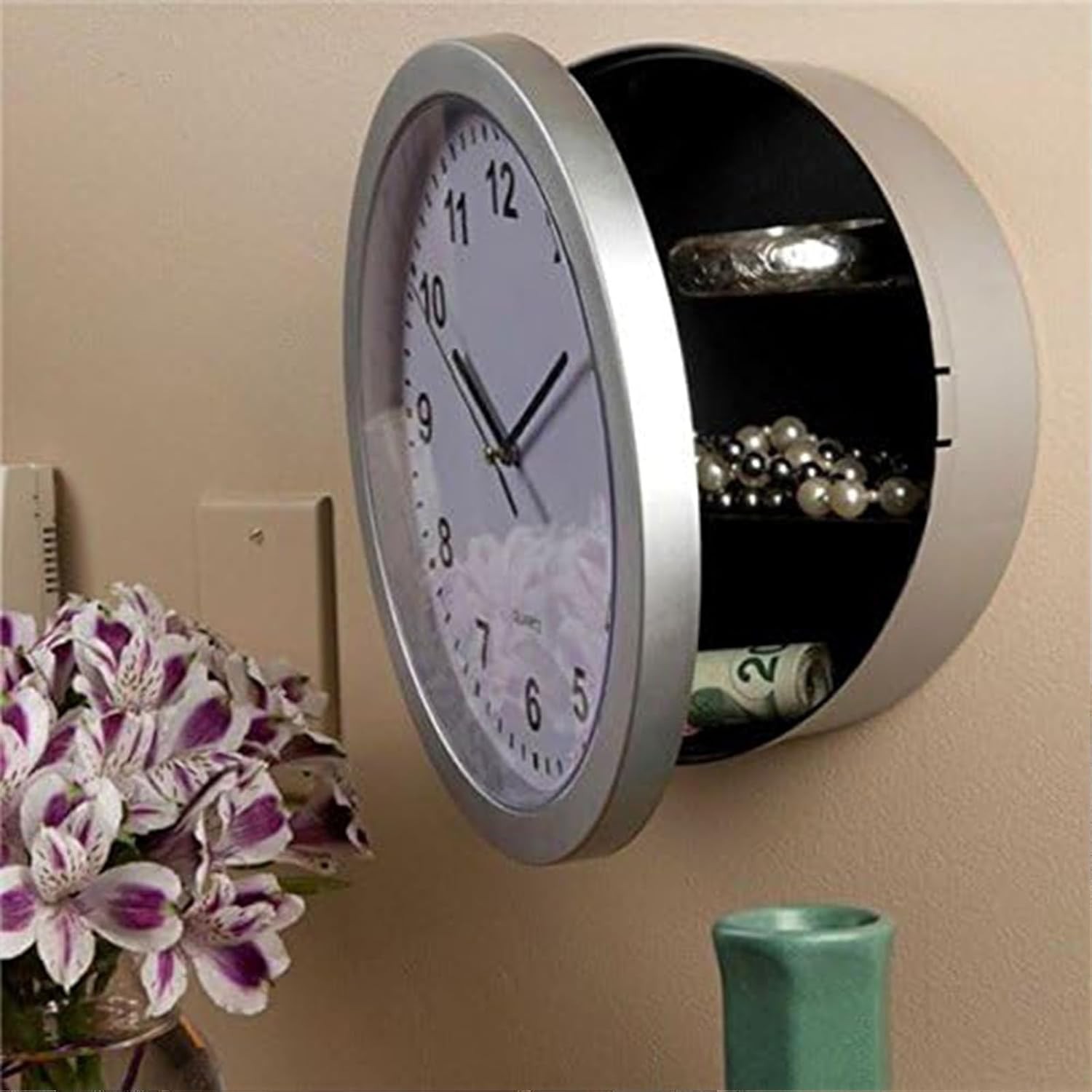 Wall Clock with Secret Safe, Vintage Look, Hidden Storage for Valuables, Silver