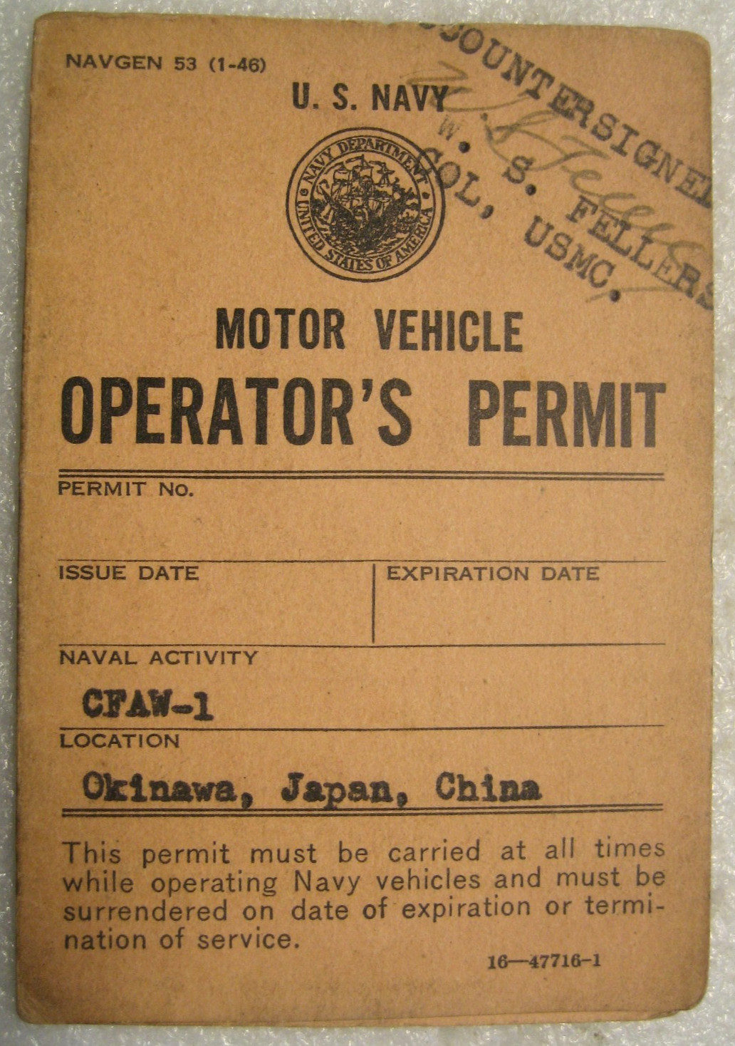 US NAVY Motor Vehicle Operatpr's Permit,Okinawa,Japan,China,1940-s