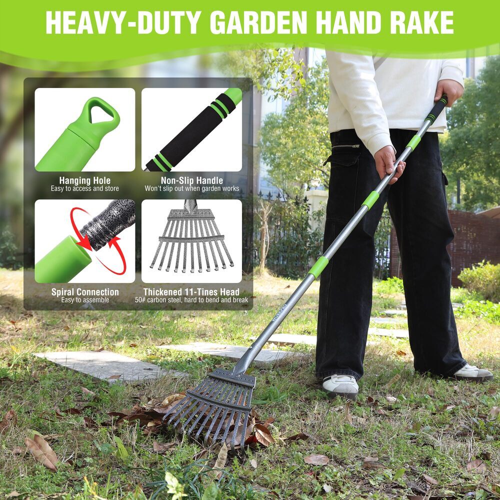 WORKPRO Rake Small Rake for Leaves with 72” Adjustable Long Handle 11 Steel Tine
