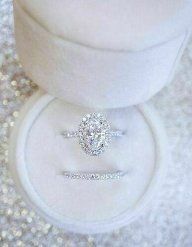 2Ct Lab Created Oval Diamond Halo Wedding Bridal Set Ring 10k White Gold Finish
